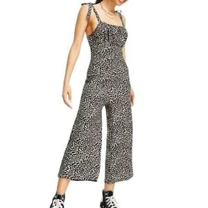 Topshop Jersey Jumpsuit Tan Black Squiggle Animal Print Pull On Wide Leg US 10